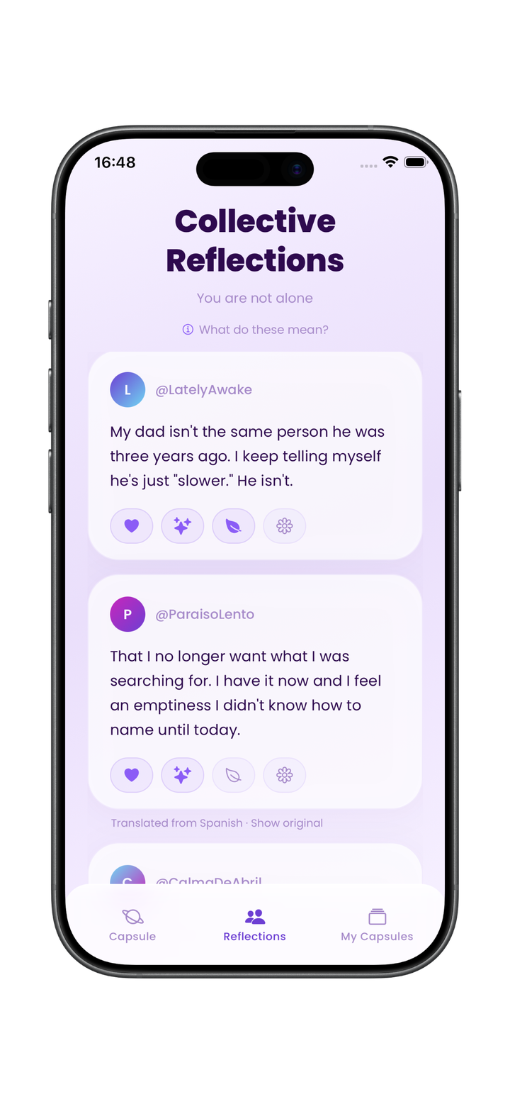 Collective Reflections feed showing anonymous, authentic reflections from people around the world — a window into what others are feeling