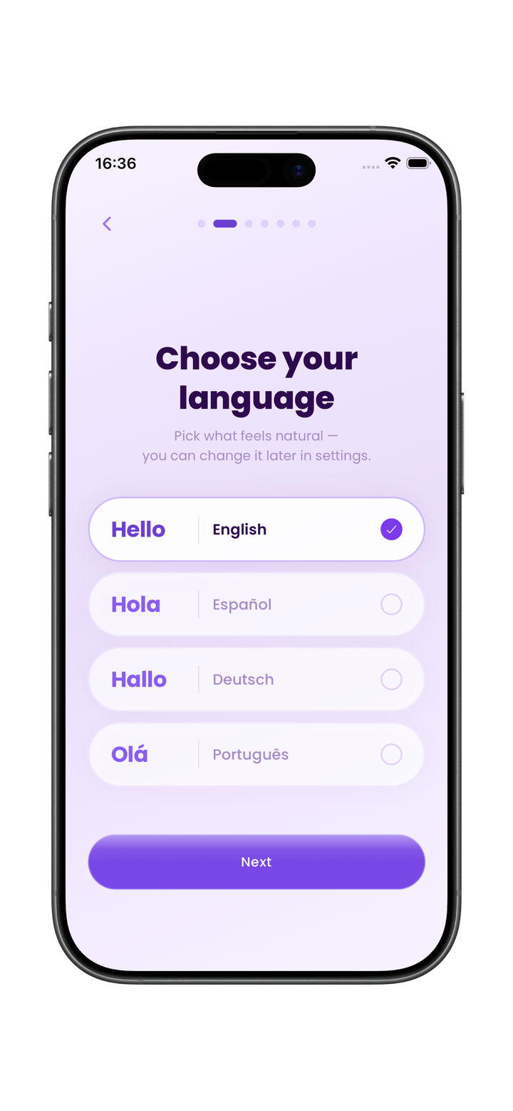 Language picker offering authentic reflection in English, Español, Deutsch, and Português